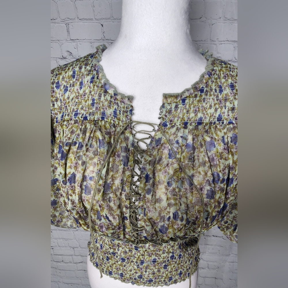 Free People Beatrice Floral-print Smocked Top In Mint Combo - Picture 3 of 8